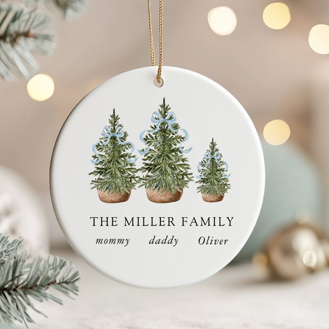 Christmas Trees Bow Blue Ceramic Ornament (Creator Uploaded)