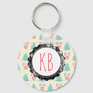 Christmas Trees, Bows & Baubles Pattern Monogram Keychain