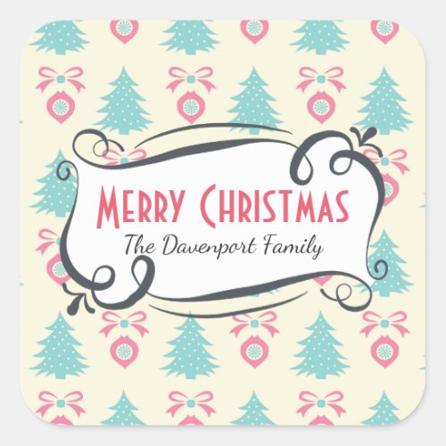 Christmas Trees Bows  Baubles Pattern Square Sticker