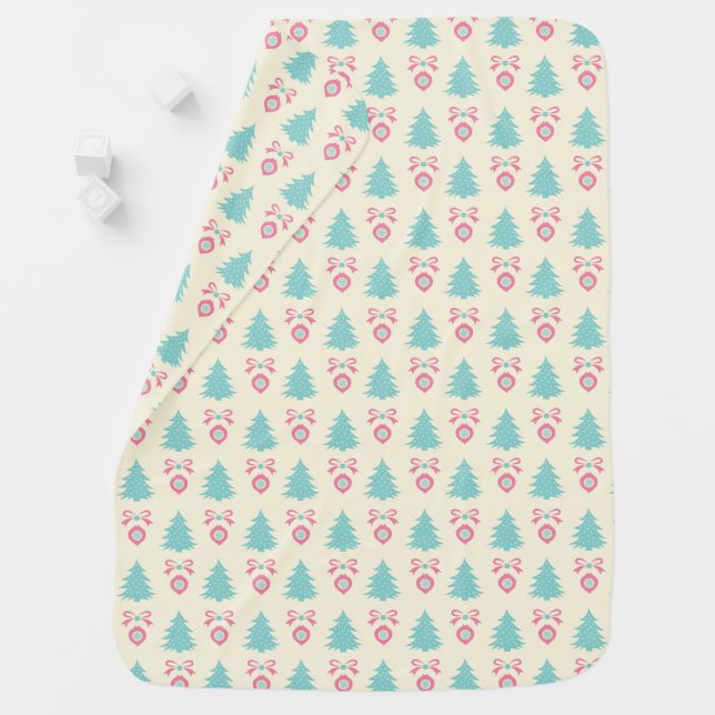 Christmas Trees, Bows & Baubles Retro Pattern Baby Blanket (In Situ)