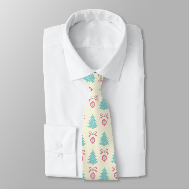 Christmas Trees, Bows & Baubles Retro Pattern Neck Tie (Tied)