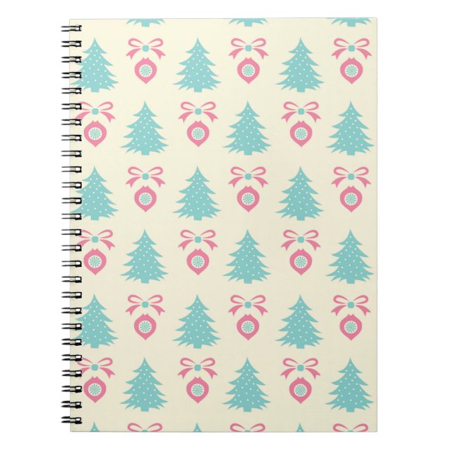 Christmas Trees, Bows & Baubles Retro Pattern Notebook (Front)