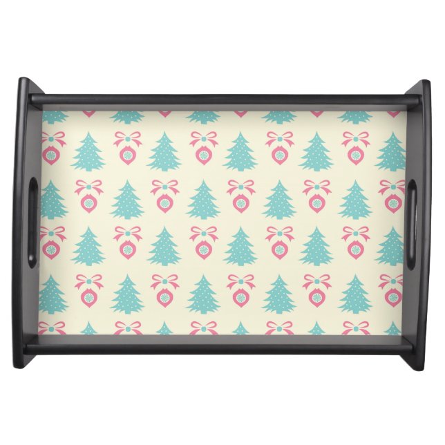 Christmas Trees, Bows & Baubles Retro Pattern Serving Tray (Front)