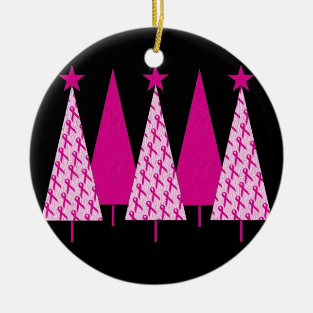 Christmas Trees - Breast Cancer Pink Ribbon Ceramic Ornament (Front)