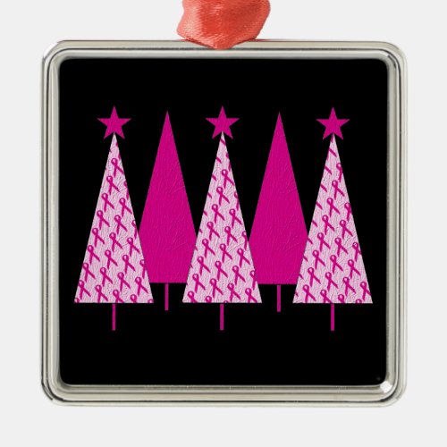 Christmas Trees _ Breast Cancer Pink Ribbon Metal Ornament