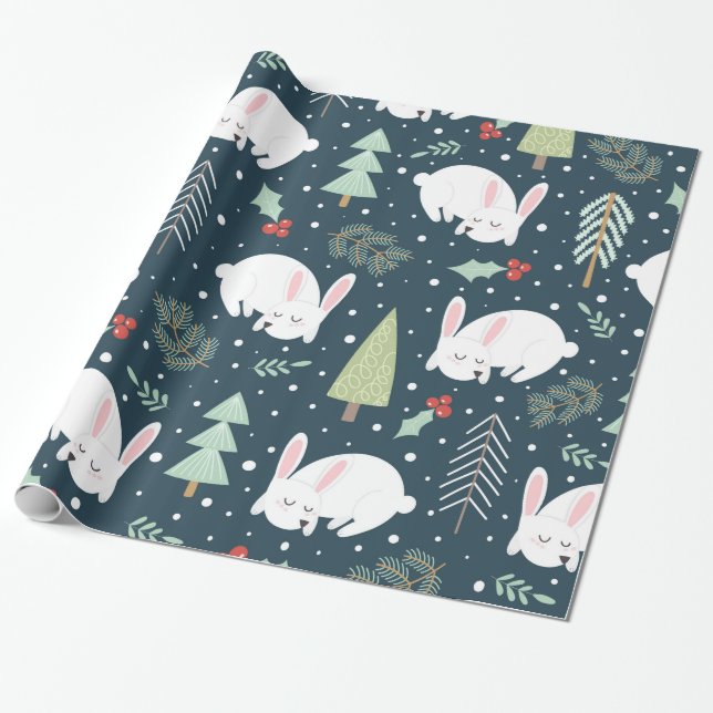 Christmas Trees & Bunnies Holiday Bunny Rustic Wrapping Paper (Unrolled)