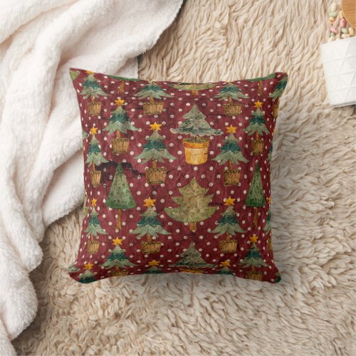 Christmas Trees Burgundy Gold  Throw Pillow