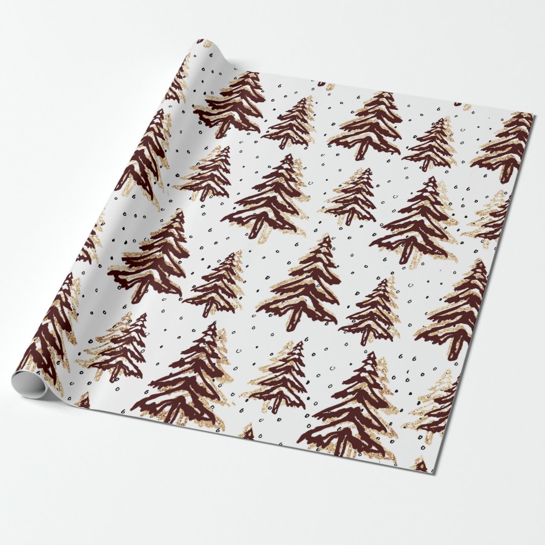 christmas trees burgundy holiday wrapping paper | Zazzle