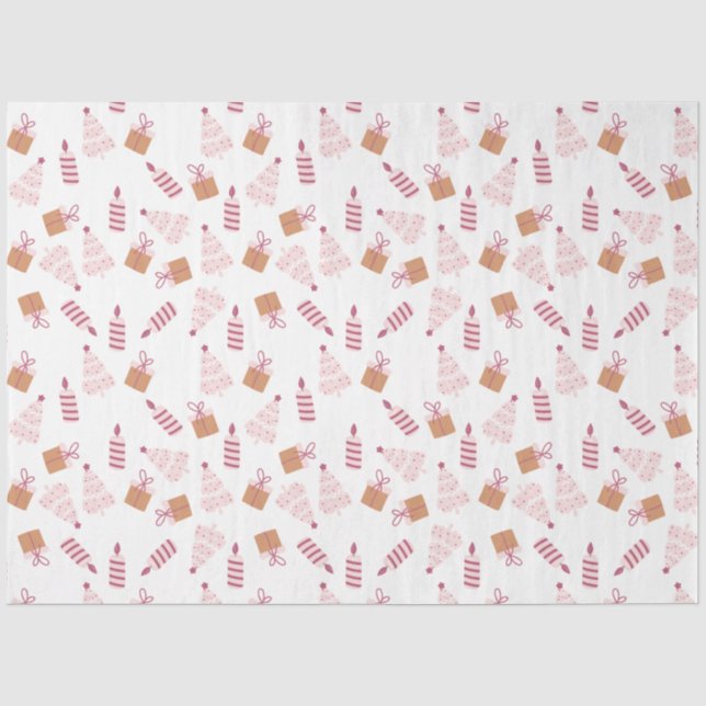 Christmas Trees Candles Gifts Pink Brown Christmas Tissue Paper (Front)