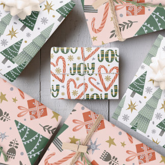 Christmas trees, candy canes and presents wrapping paper sheets