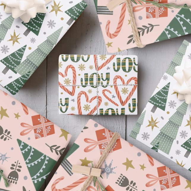 Christmas trees, candy canes and presents wrapping paper sheets (Christmas trees, candy canes and presents wrapping paper sheets)