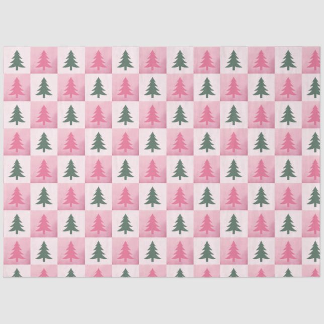 Christmas Trees Checkerboard Pink Green Christmas Tissue Paper (Front)