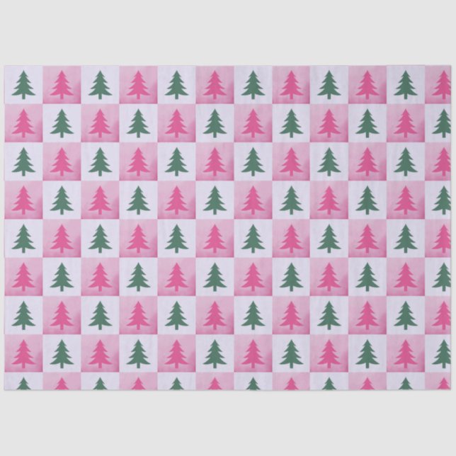 Christmas Trees Checkerboard Pink Green Christmas Tissue Paper (Front)