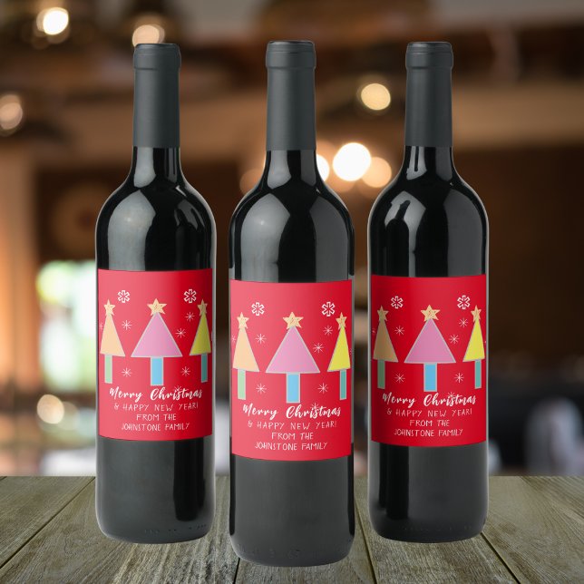 Christmas Trees Cool Art Personalized Name Red  Wine Label (Personalized Christmas party wine bottle labels.)