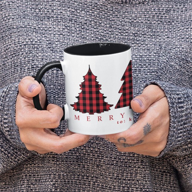 Christmas Trees Cute Holiday Buffalo Check Pattern Mug (Simple Merry Christmas Trees Custom Two Tones Mug)