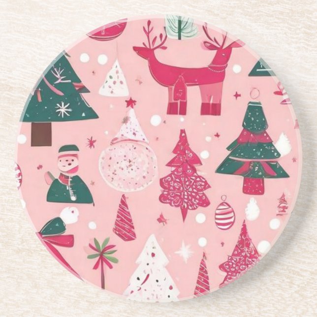 Christmas trees deer snowflakes pink Throw Pillow Coaster (Front)