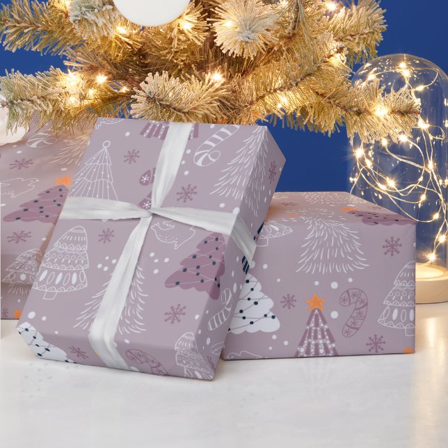 Christmas Trees Doves Snowflakes Gray Christmas Wrapping Paper (Holidays)