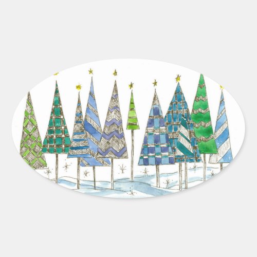 Christmas Trees Drawing Blue Green Oval Sticker