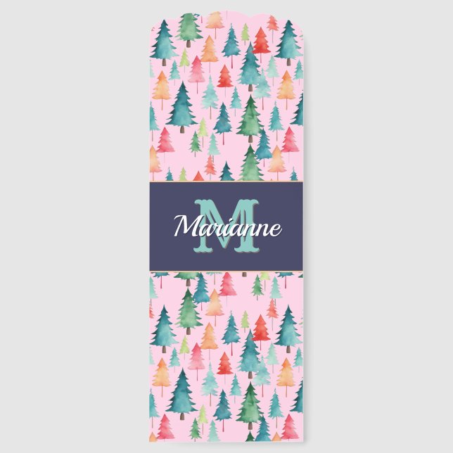 Christmas Trees Festive Cute Pink Custom Monogram Bookmarks (Front)