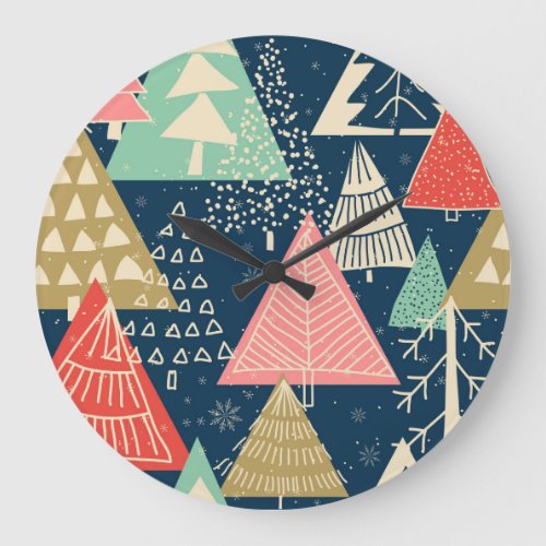 Christmas Trees Festive Seamless Illustration Large Clock