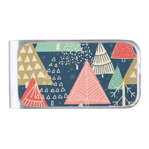 Christmas Trees Festive Seamless Illustration Silver Finish Money Clip