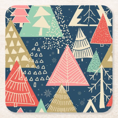 Christmas Trees Festive Seamless Illustration Square Paper Coaster