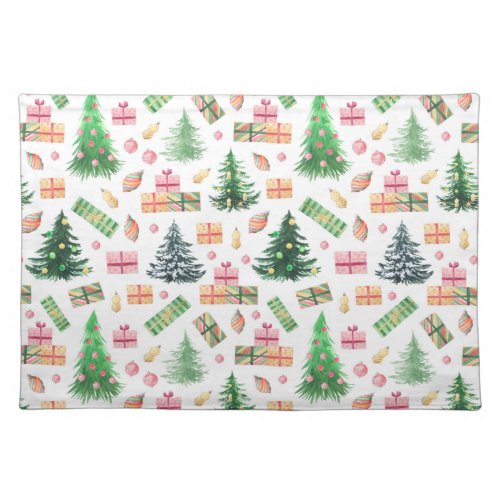 Christmas Trees Gifts Ornaments Pastel Watercolors Cloth Placemat