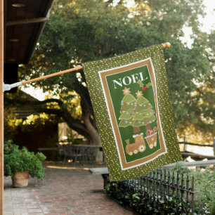 Christmas Trees Gingerbread Train on Green, NOEL House Flag