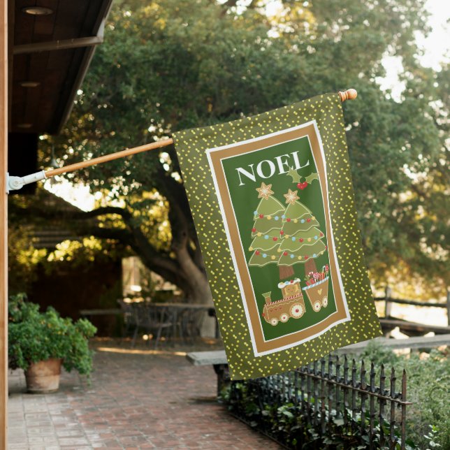 Christmas Trees Gingerbread Train on Green,  NOEL House Flag (In SItu)