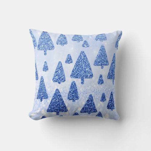 Christmas Trees Glitter Silver Gray Winter Blue Throw Pillow
