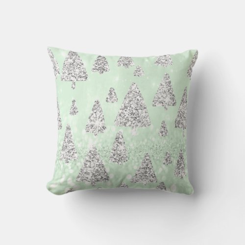 Christmas Trees Glitter Silver Gray Winter Mint Throw Pillow