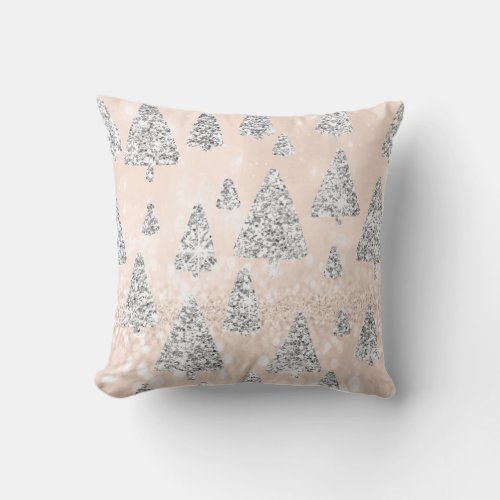 Christmas Trees Glitter Silver Gray Winter Peach Throw Pillow
