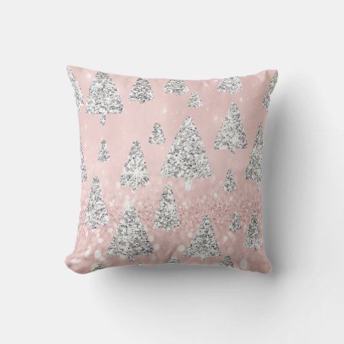Christmas Trees Glitter Silver Gray Winter Rose Throw Pillow