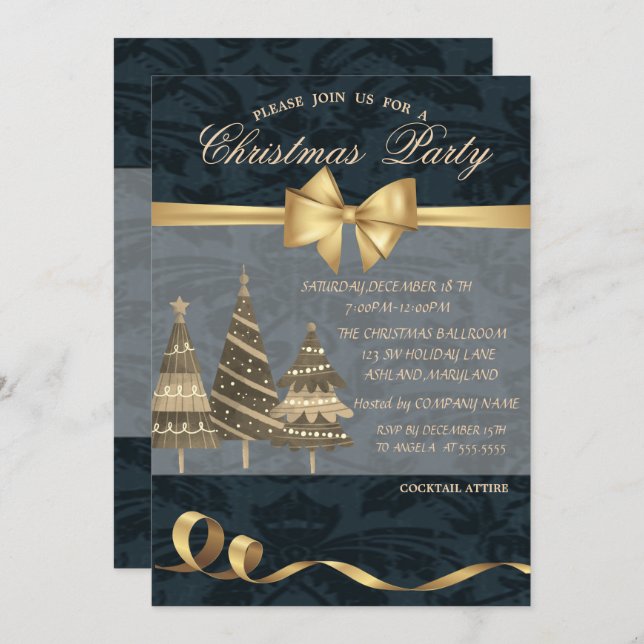 Christmas Trees,Gold Bow, Christmas Party Invitation (Front/Back)
