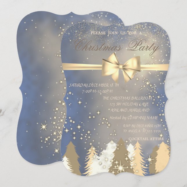 Christmas Trees,Gold Bow  Company Christmas Party Invitation (Front/Back)