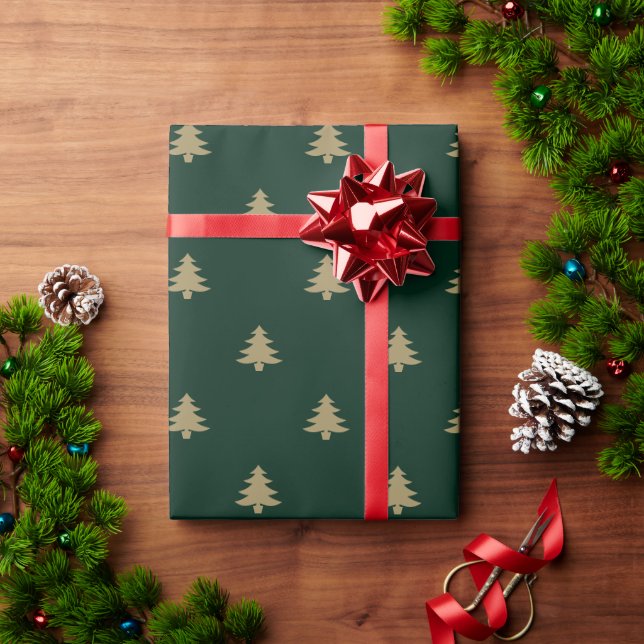 Christmas Trees gold & dark pine green pattern Wrapping Paper (Holiday Gift)