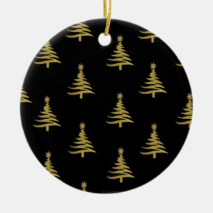 Christmas Trees Gold on Black Ceramic Ornament