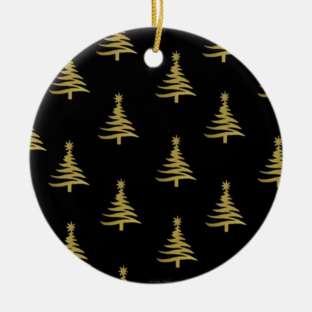 Christmas Trees Gold on Black Ceramic Ornament (Front)