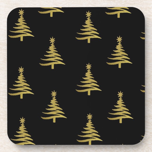 Christmas Trees Gold on Black Coaster (Front)