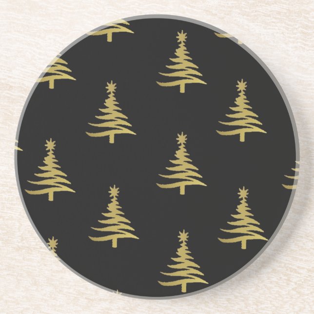 Christmas Trees Gold on Black Drink Coaster (Front)