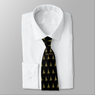 Christmas Trees Gold on Black Neck Tie