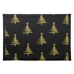 Christmas Trees Gold on Black Placemat