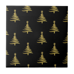 Christmas Trees Gold on Black Tile