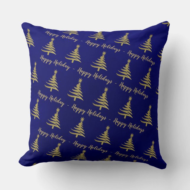 Christmas Trees Gold on Blue Throw Pillow (Front)
