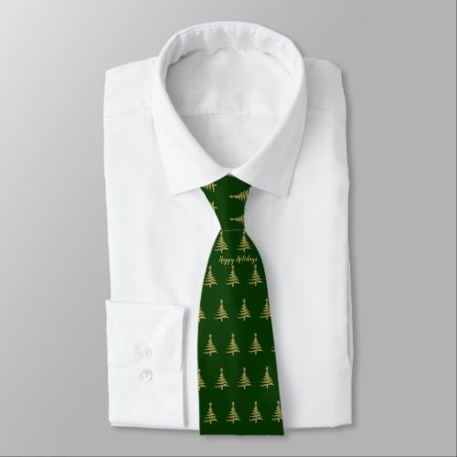 Christmas Trees Gold on Green Neck Tie