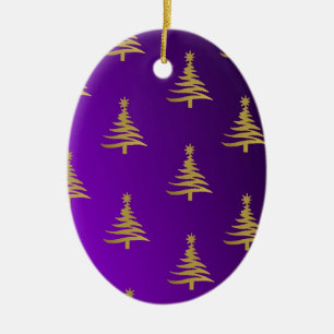 Christmas Trees Gold on Purple Ceramic Ornament