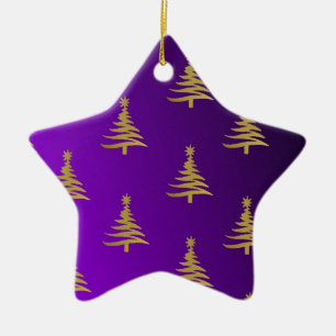 Christmas Trees Gold on Purple Ceramic Ornament