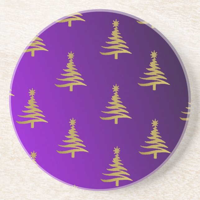 Christmas Trees Gold on Purple Drink Coaster (Front)