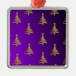 Christmas Trees Gold on Purple Metal Ornament