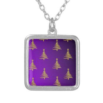 Christmas Trees Gold On Purple Silver Plated Necklace by HolidayChristmasShop at Zazzle